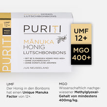 Lade das Bild in den Galerie-Viewer, PURITI Manuka Honig Lutschbonbons MGO 400+ 20g